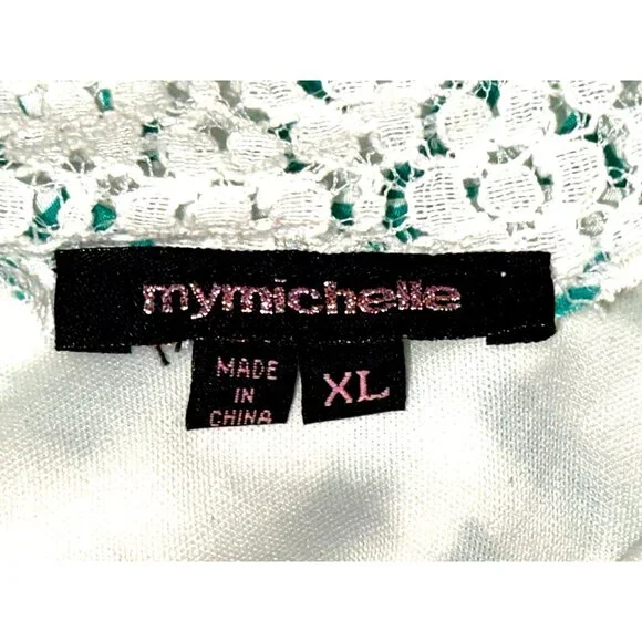 My Michelle Size XL White Teal Chevron Tie Neck Lined Laceback Boho Resort Dress - Picture 6 of 12